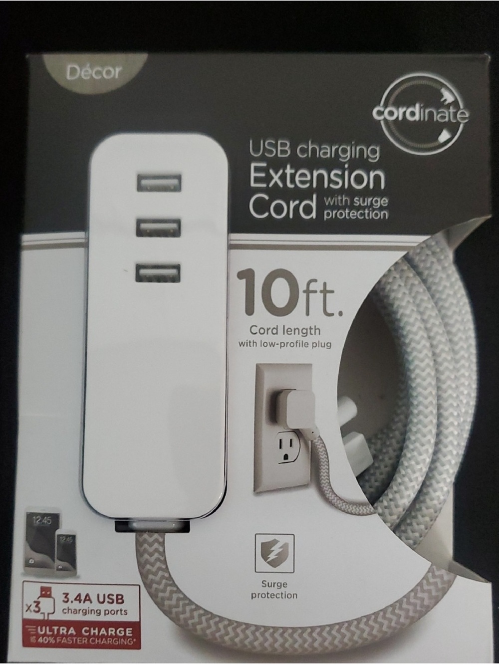 3-USB Charging Ports with Surge Protection 10ft